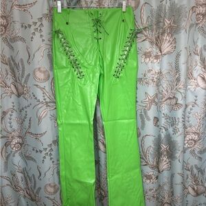 Vibrant Green Lace-Up Pleather Pants